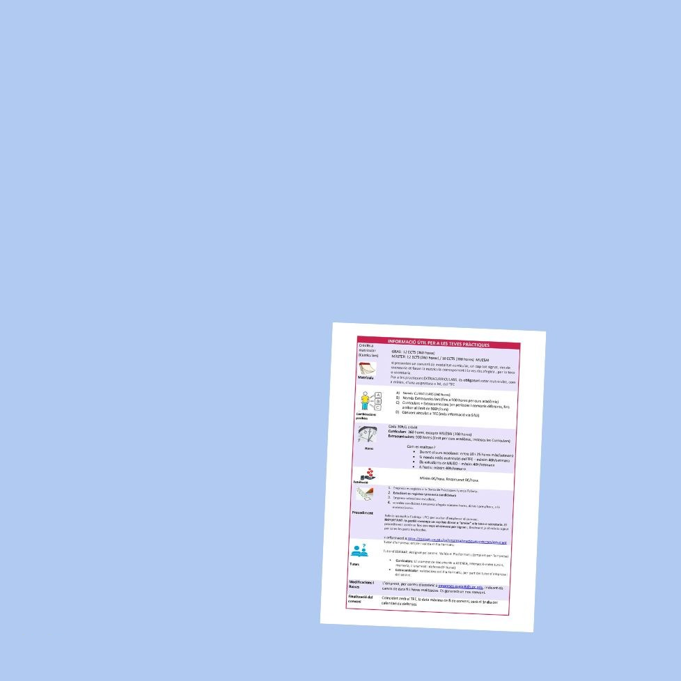 Informació pràctiques en empresa: crèdits a matricular, procediment, matrícula
